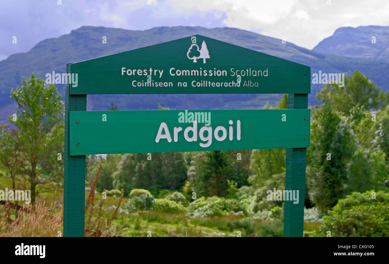 Commissione forestale segno, Argoil, vicino Lochgoilhead, Argyll Forest Park, Loch Lomond e il Trossachs National Park, Scotland, Regno Unito Foto Stock