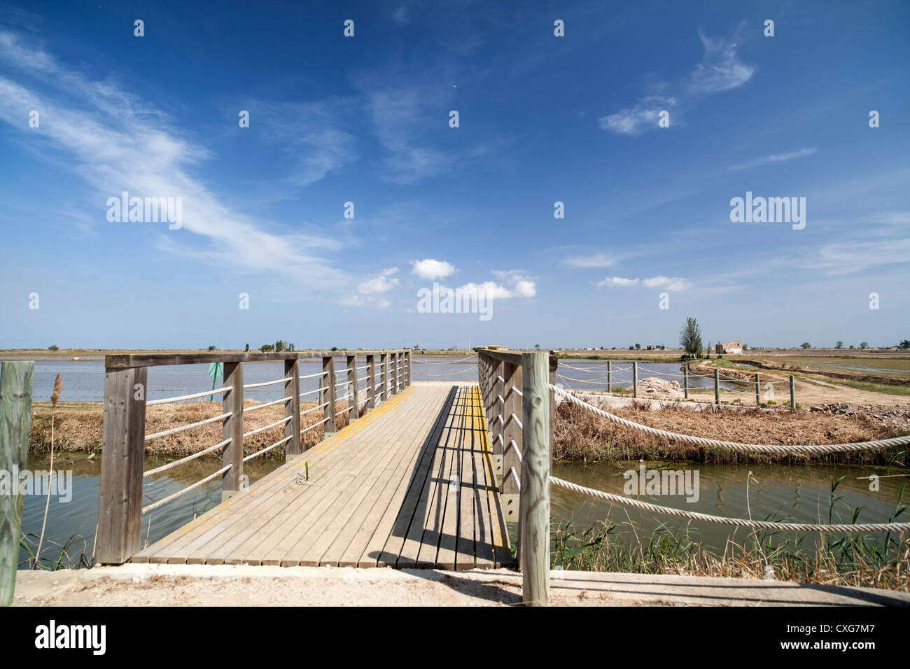 L'ampolla,catalogna,Spagna.paesaggio con ponte in delta de l'Ebre. Foto Stock