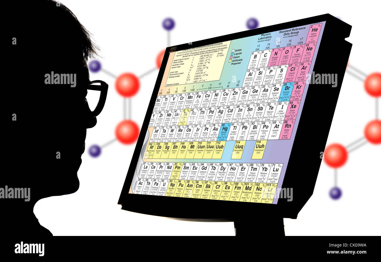 Computer immagine generata dell'uomo studiando Tavola periodica sullo schermo del computer Foto Stock