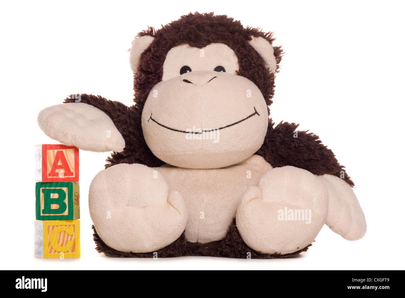 Blocchi di ABC con il giocattolo morbido monkey studio ritaglio Foto Stock