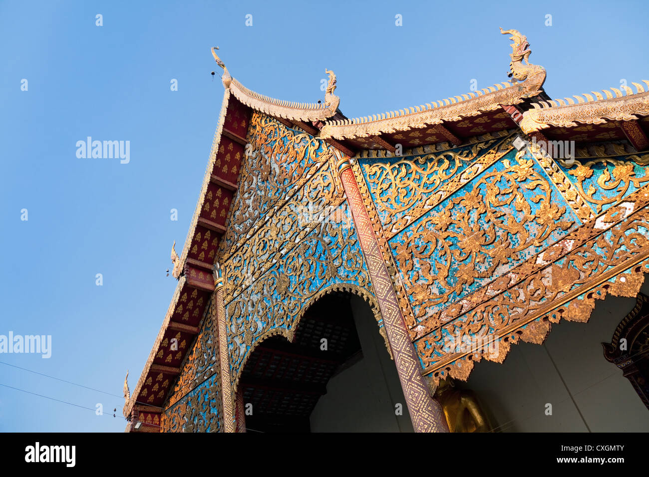 Wihan edificio (dettaglio), Wat Chiang Man, Chiang Mai, Thailandia Foto Stock