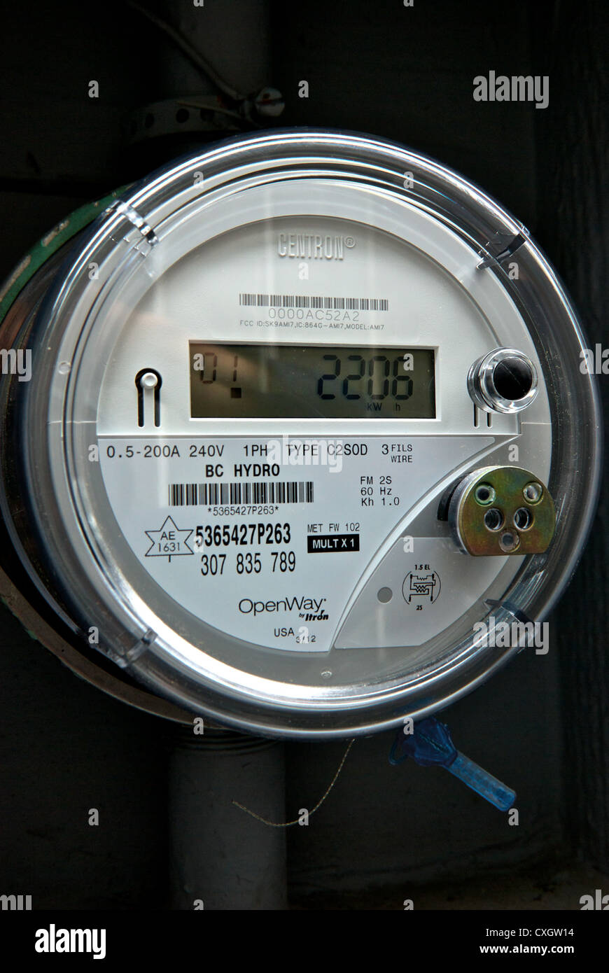 BC Hydro Centron digital a stato solido trasmissione wireless per uso domestico utilizzano elettricità smart meter Foto Stock