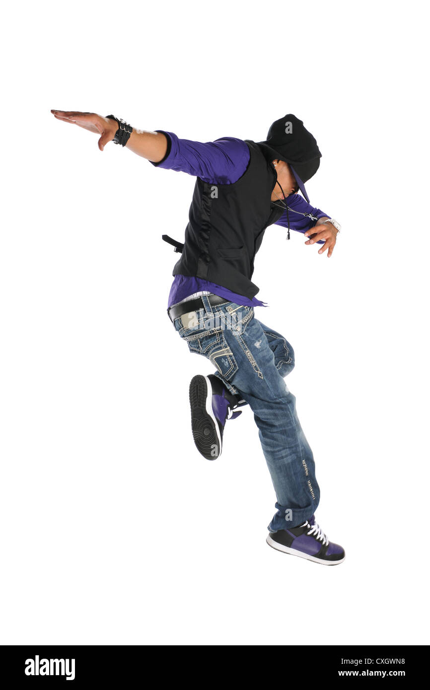 African American hip hop dancer jumping isolate su sfondo bianco Foto Stock