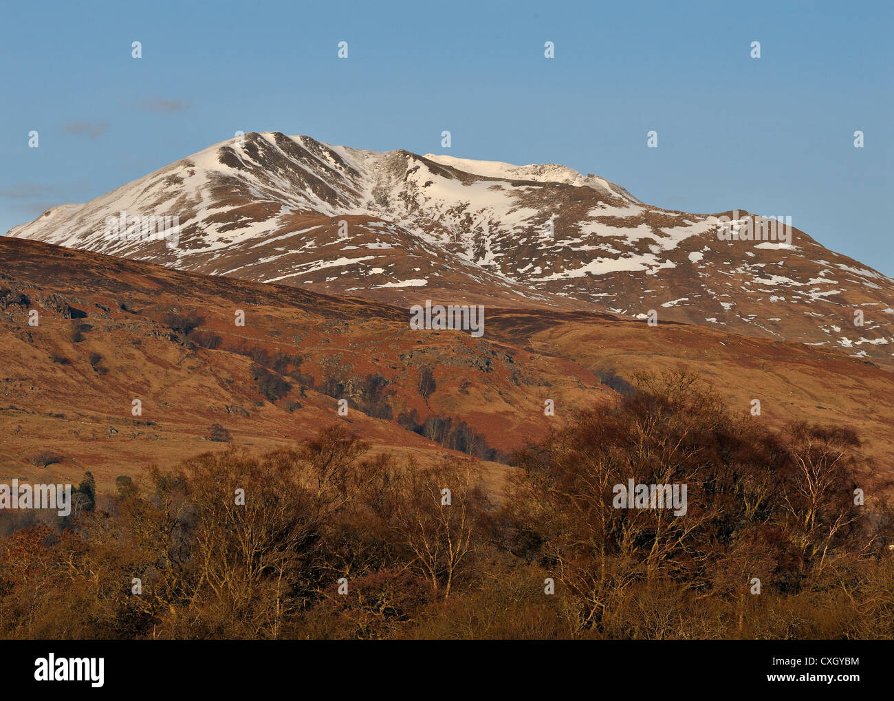 Snow-striate Beinn Ghlas nella gamma Lawers, Killin, Scozia Foto Stock