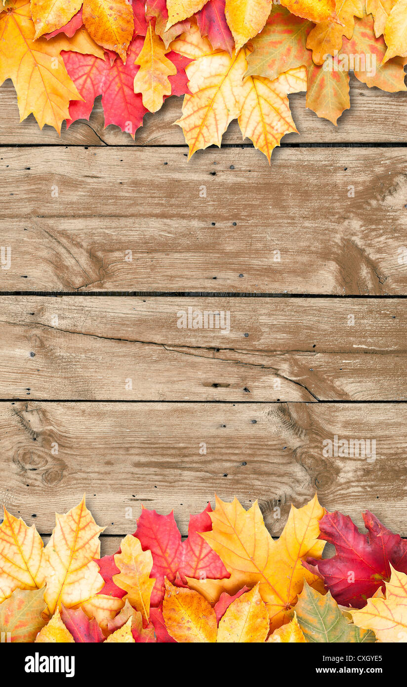Foglie di autunno su sfondo di legno con spazio di copia Foto stock - Alamy