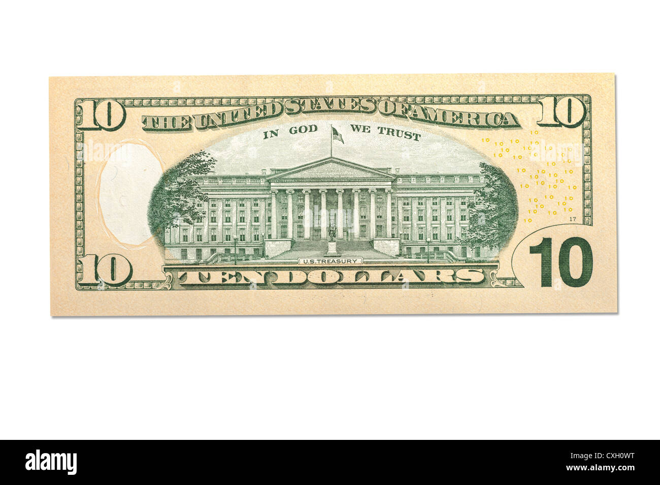 Dollaro, Ten-Dollar-Bill, retro, dollaro USA, isolata su bianco 100% Foto Stock
