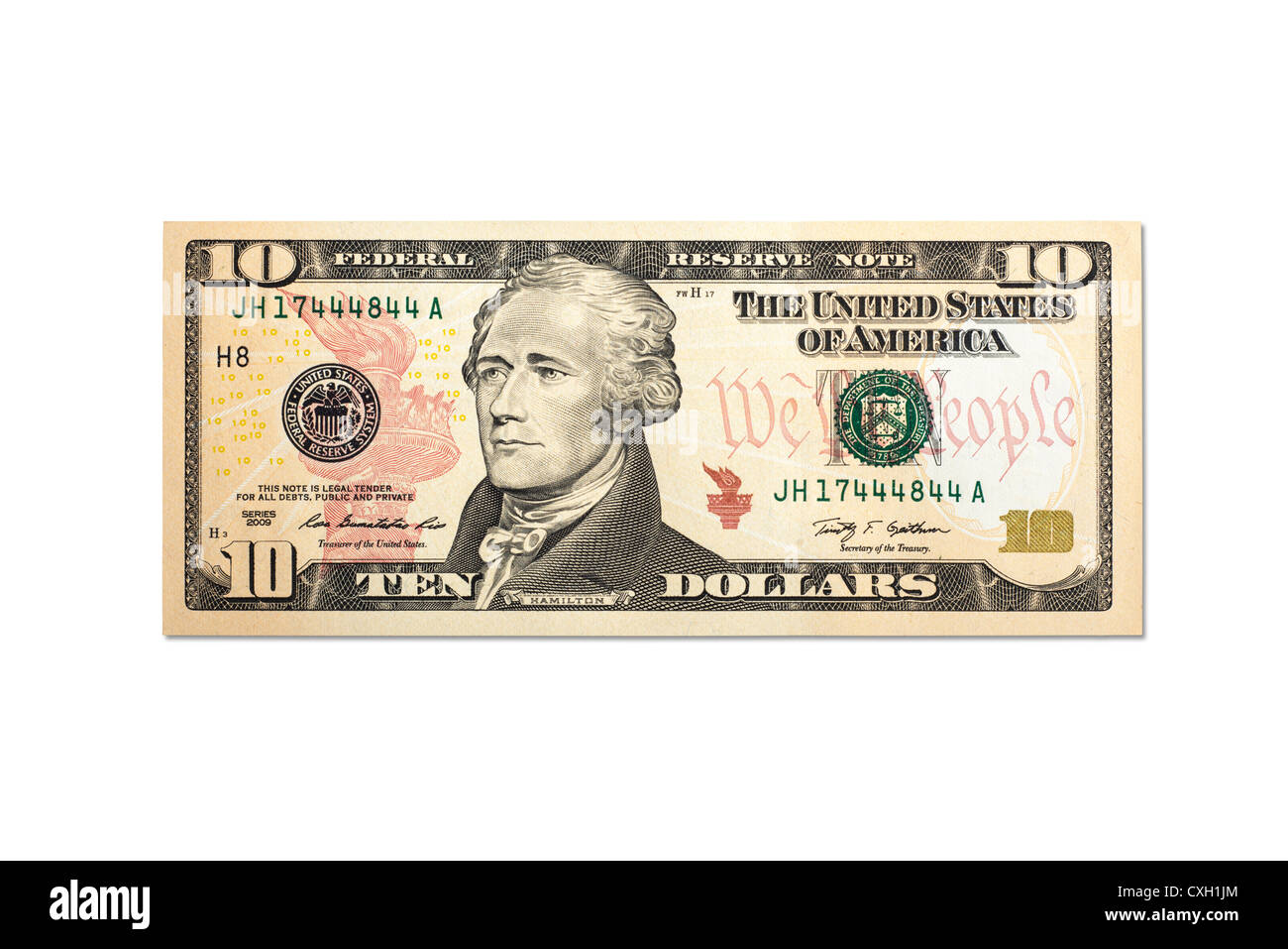 Dollaro, Ten-Dollar-Bill, dollaro USA, anteriore, isolato su bianco 100% Foto Stock