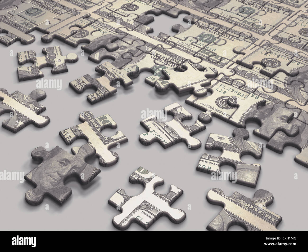 Gioco di puzzle con note di dollari, il concetto di business e finanza. Foto Stock