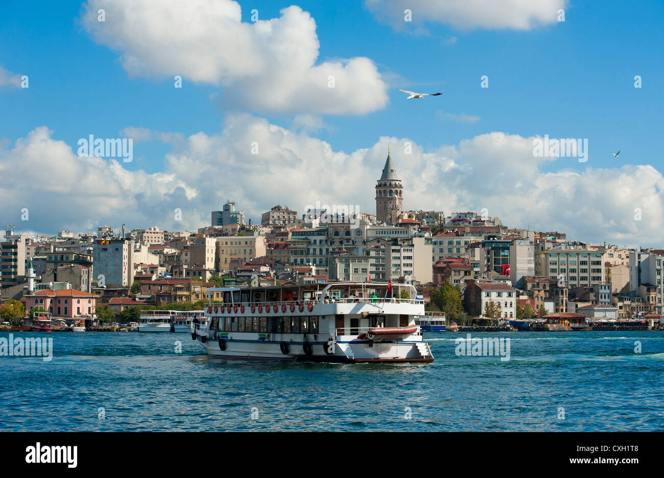 Paesaggio urbano oltre il Fiume Bosphorus Istanbul in Turchia con una grande area residenziale e Torre Galata Foto Stock