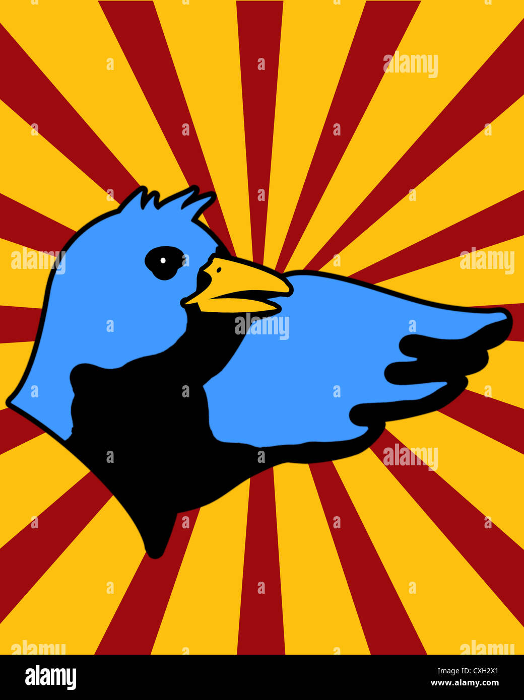 Stile costruttivista uccello blu su sfondo sunburst Foto Stock