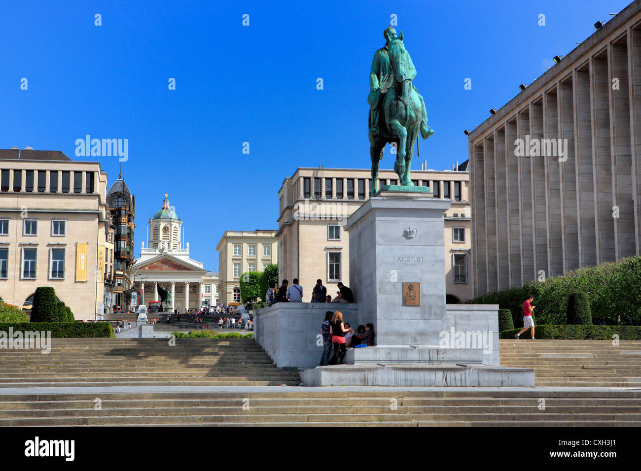 Statua equestre di re Alberto I, Mont des Arts, Albertine Square, Bruxelles, Belgio Foto Stock