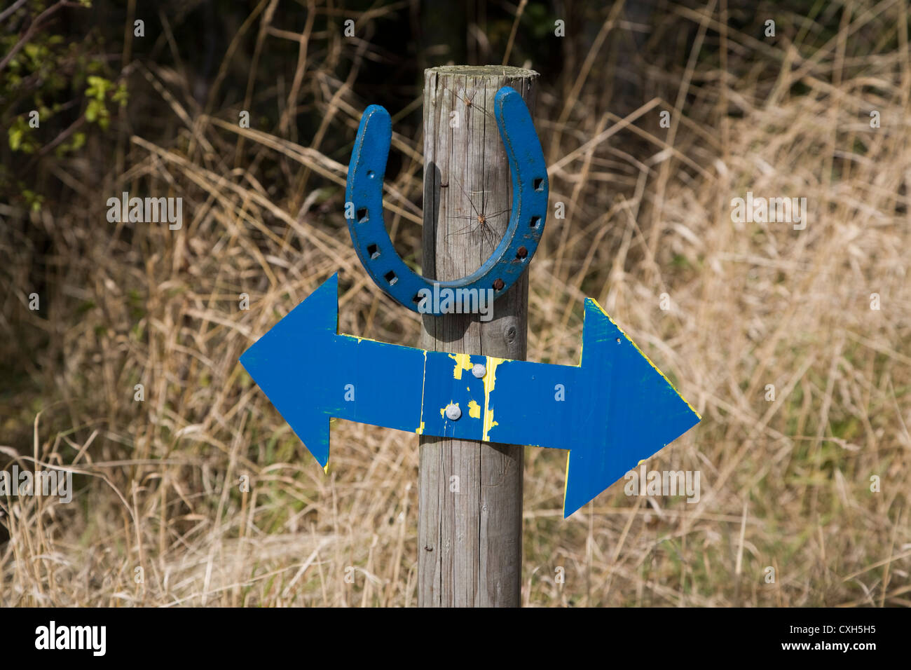Freccia di direzione dei puntatori e ferro di cavallo segno posto Suffolk Punch fiducia Hollesley Suffolk in Inghilterra Foto Stock
