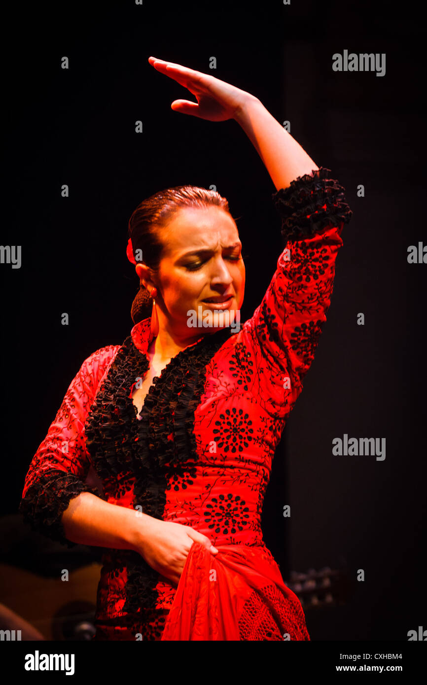Ballerina di flamenco per viso e corpo superiore in abito rosso Foto Stock