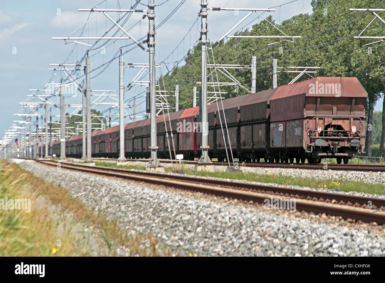 Treno merci nella campagna dai Paesi Bassi Foto Stock