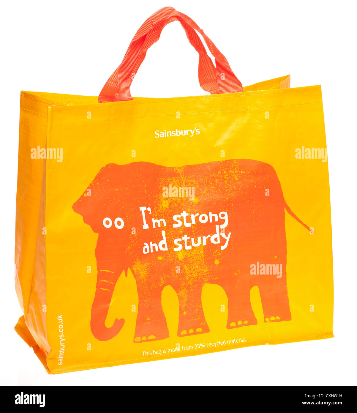 Sainsburys forte e resistente del 33% di materiale riciclato di colore giallo e arancio shopping bag Foto Stock