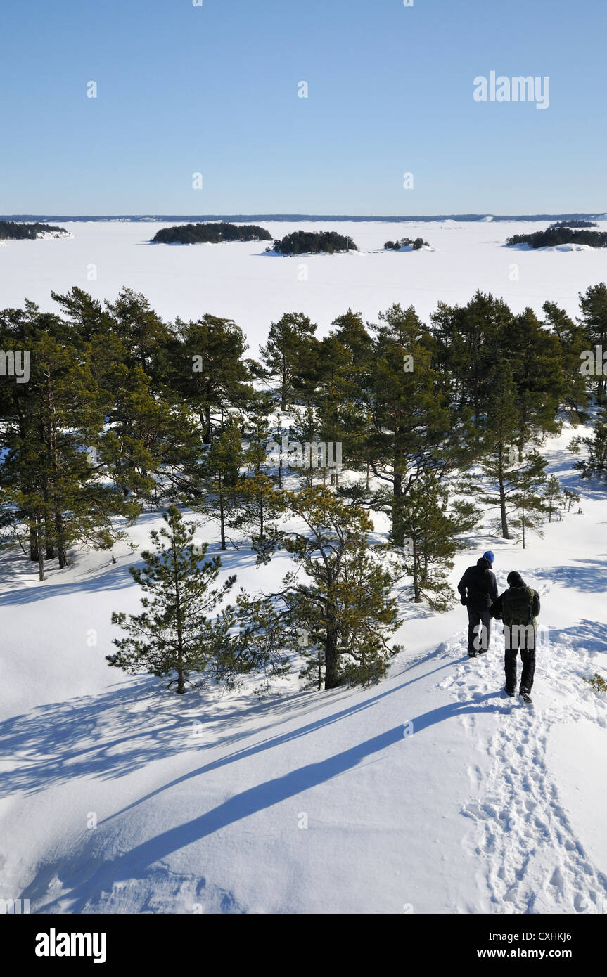 Vista la congelati Mar Baltico a Bjoernoe riserva naturale vicino a Stoccolma, Stockholms Lan, Svezia Foto Stock