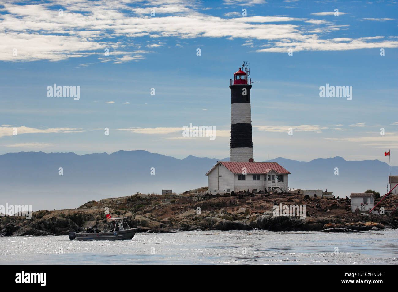 Gara rocce Faro e riserva ecologica con subacquei in barca-Victoria, Isola di Vancouver, British Columbia, Canada. Foto Stock