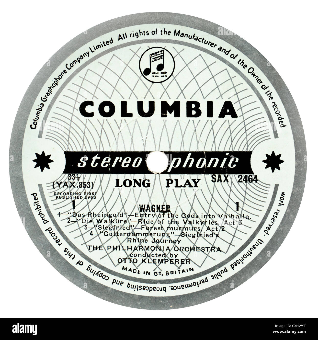 Esempio di molto raro Columbia SAX 2464 classica etichetta record - 'Klemperer conduce più Wagner' Foto Stock