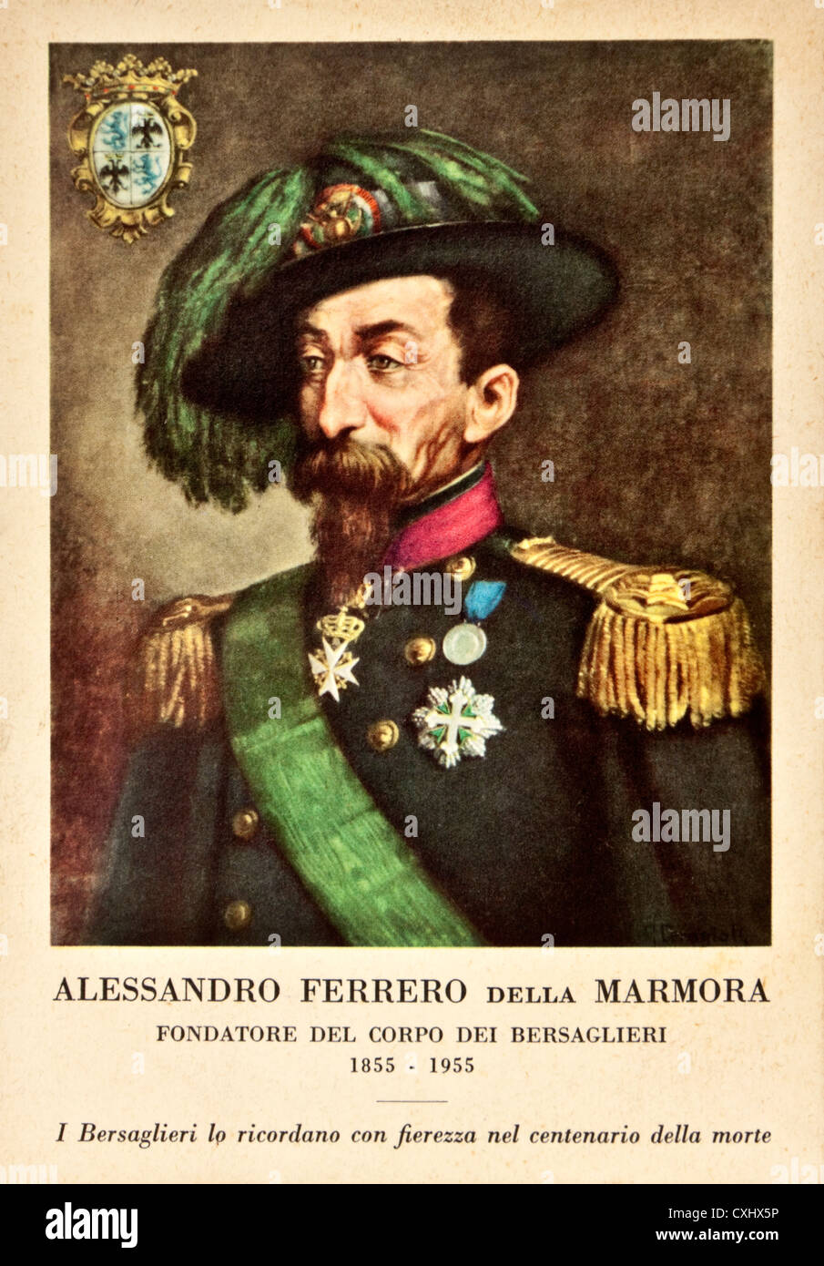 L'annata 1955 cartolina per commemorare il centenario della morte di Alessandro Ferrero Della Marmora (1799-1855) Foto Stock