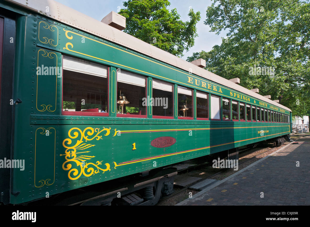 Arkansas, Eureka Springs, Eureka Springs & North Arkansas, ferroviaria Carrozza ristorante utilizzato per la sera cena escursioni. Foto Stock