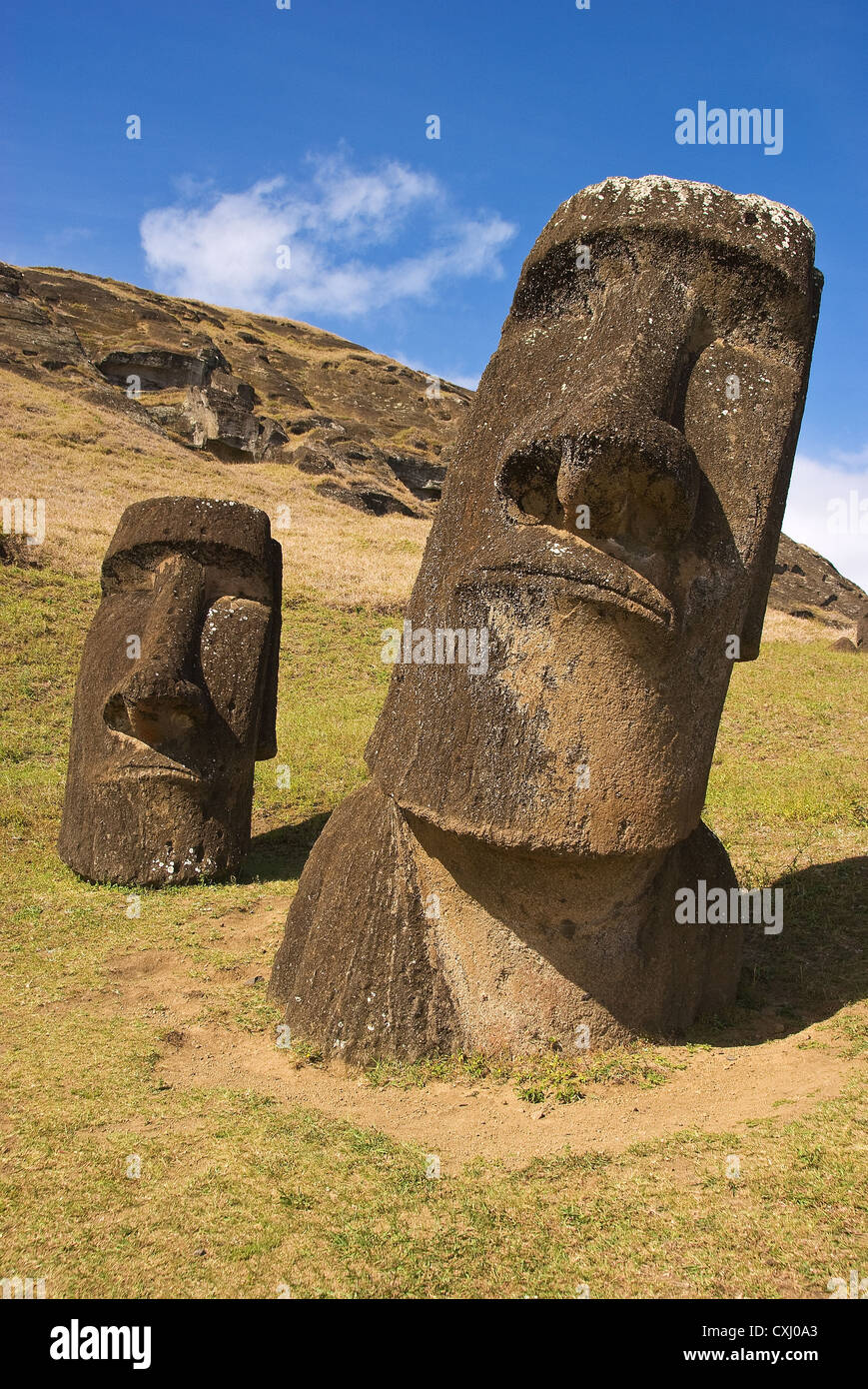 Elk198-5291v Cile, Isola di Pasqua, Rano Raraku, moai statue Foto Stock