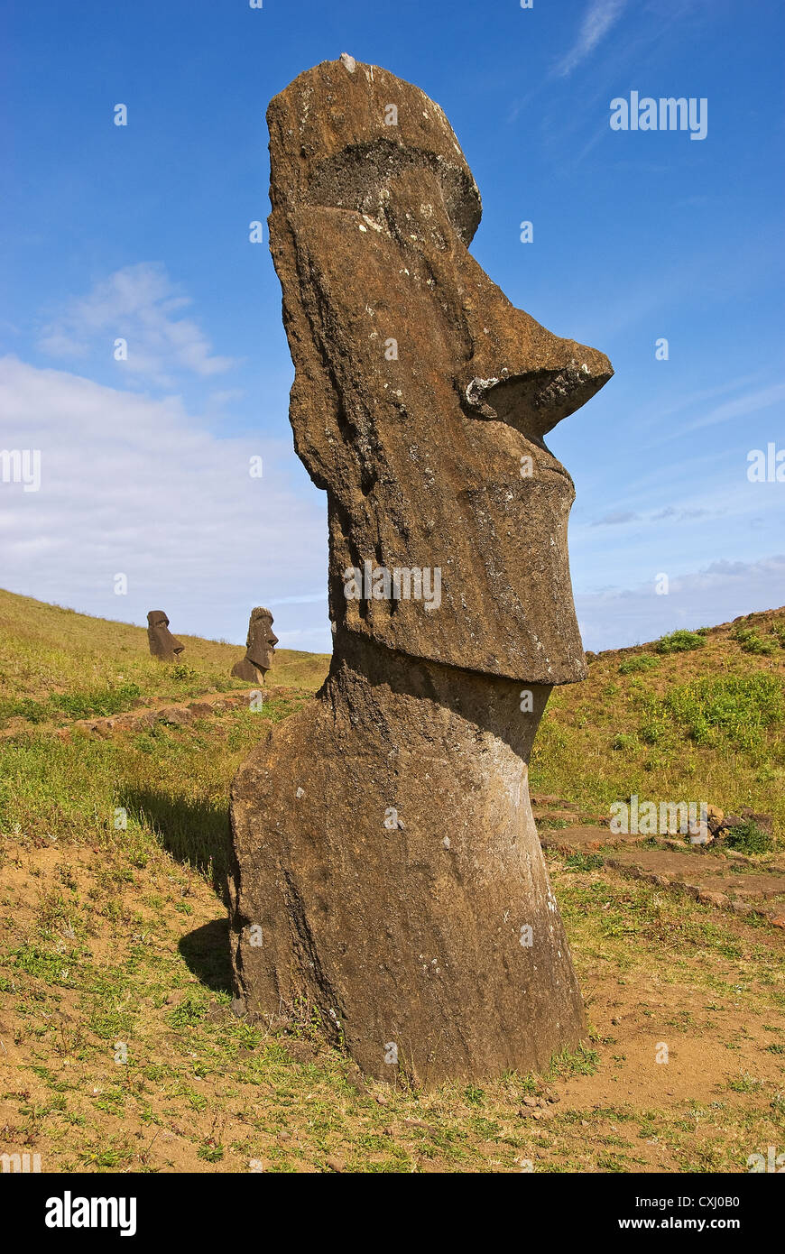 Elk198-5296v Cile, Isola di Pasqua, Rano Raraku, moai statue Foto Stock