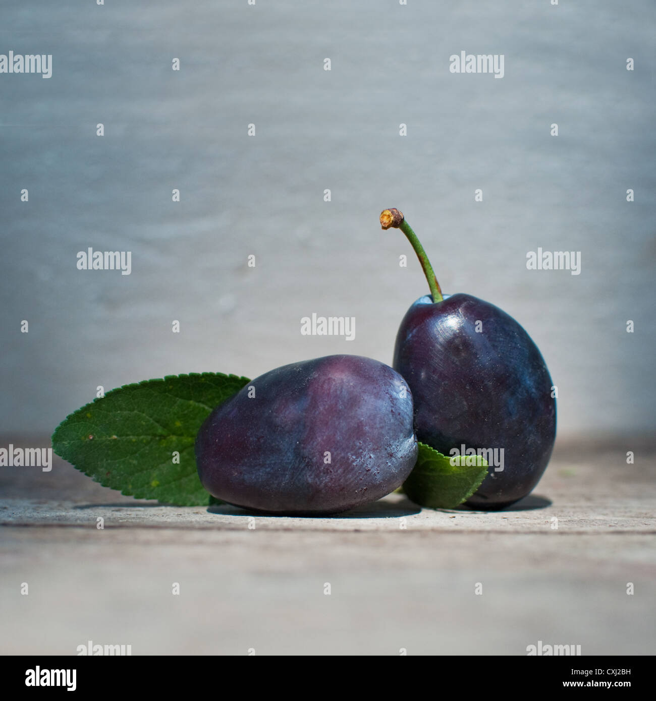 Gustosa prugna su tavola; agricoltura immagine di sfondo - la produzione di alimenti biologici Foto Stock