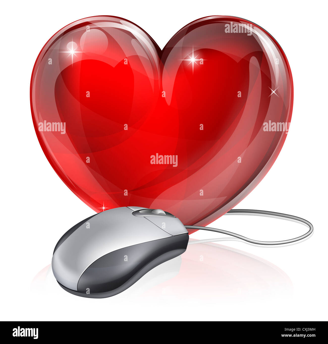 Illustrazione di un mouse per computer collegato ad un cuore rosso simbolo, il concetto di online dating, romanticismo o simile Foto Stock