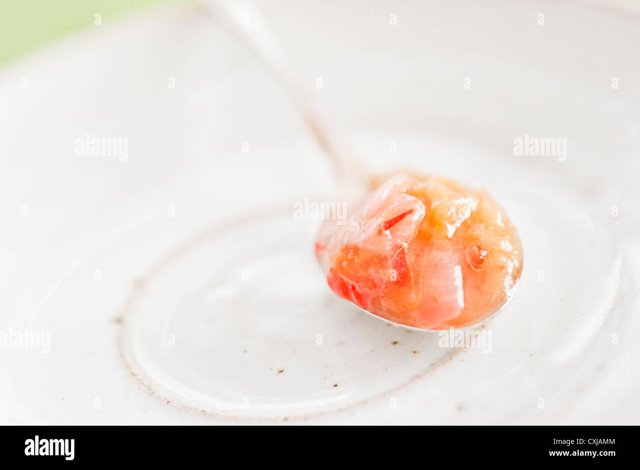 Vista dettagliata del cucchiaio riempito di rabarbaro e peperoncino marmellata Foto Stock