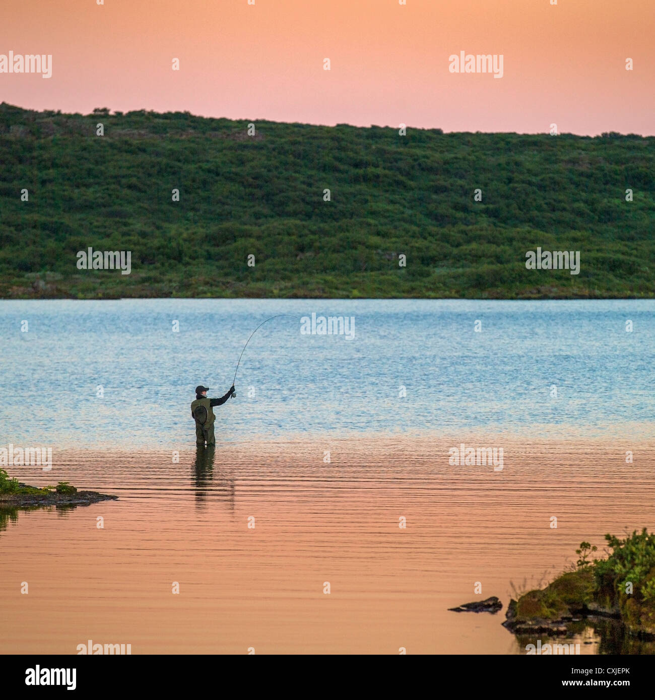 Pesca sul lago, Thingvellir, Thingvellir National Park in Islanda. Il lago è unico per molte varietà di salmerino alpino e la trota. Foto Stock