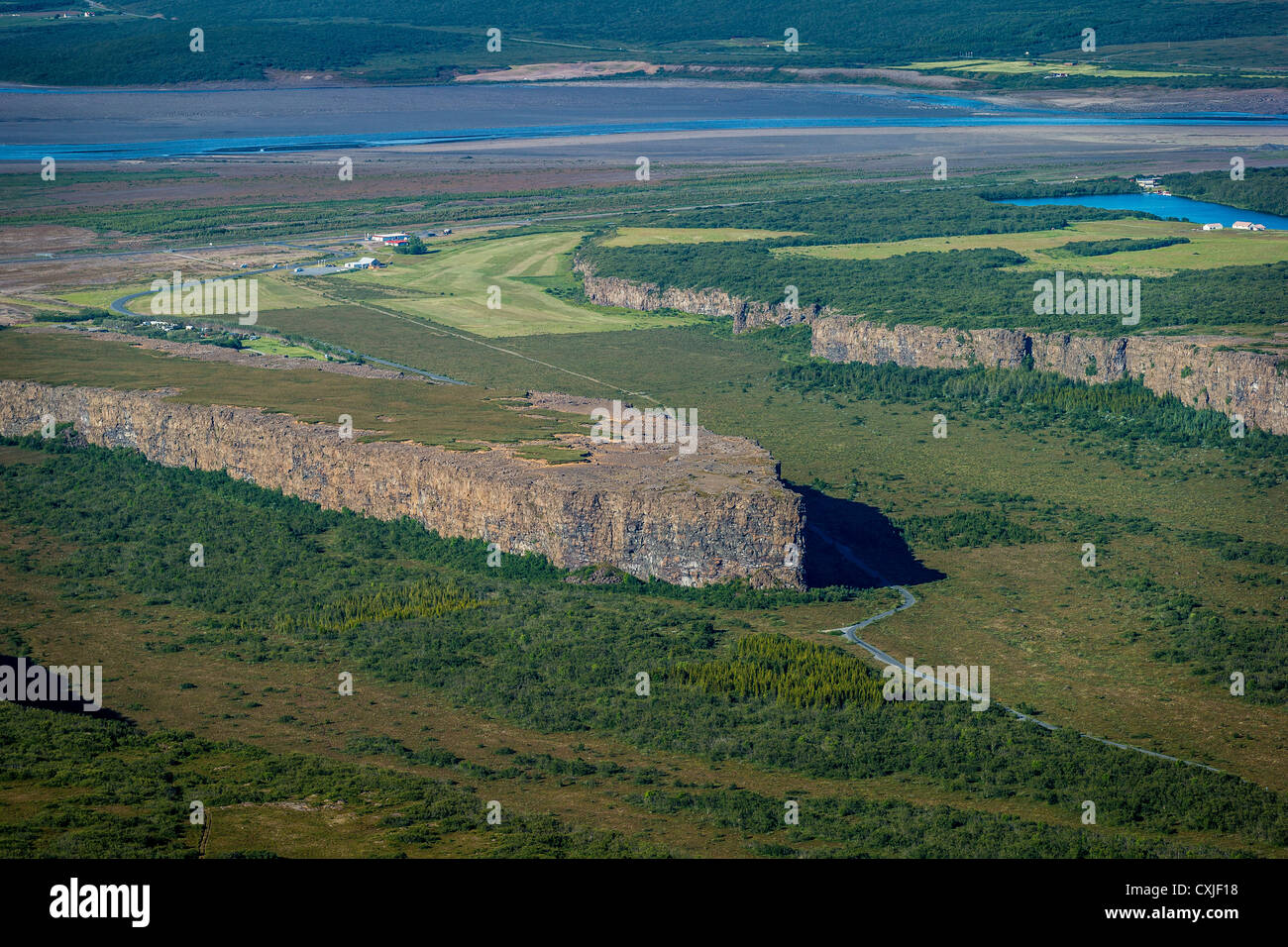 Antenna di Canyon Asbyrgi, Jokulsargljufur National Park, Islanda Foto Stock