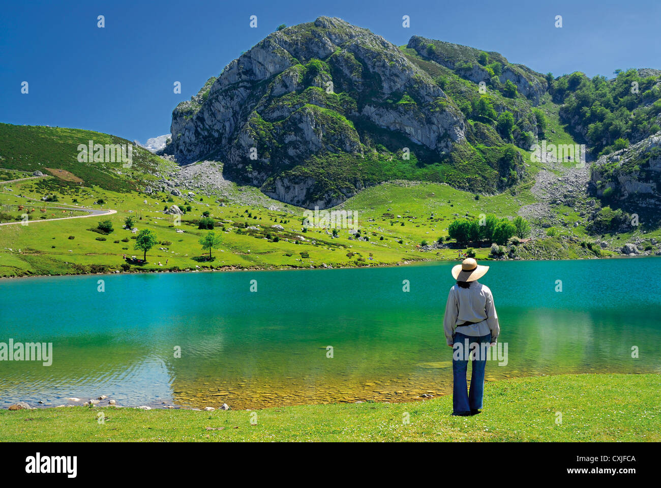 Spagna: donna gode di vista sulla montagna al lago Enol nel parco naturale Picos de Europa Foto Stock