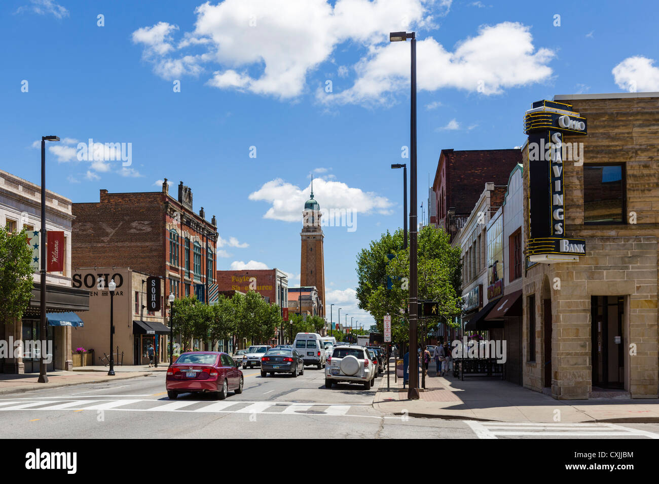 West 25th Street guardando verso la piazza del mercato, Ohio Città distretto, Cleveland, Ohio, Stati Uniti d'America Foto Stock