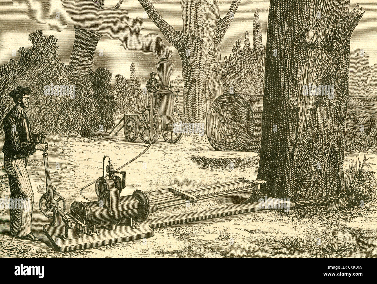 Il taglio di alberi utilizzando macchine di vapore nel tardo XIX secolo secolo. Da El Museo Popolare pubblicato Madrid, 1887 Foto Stock