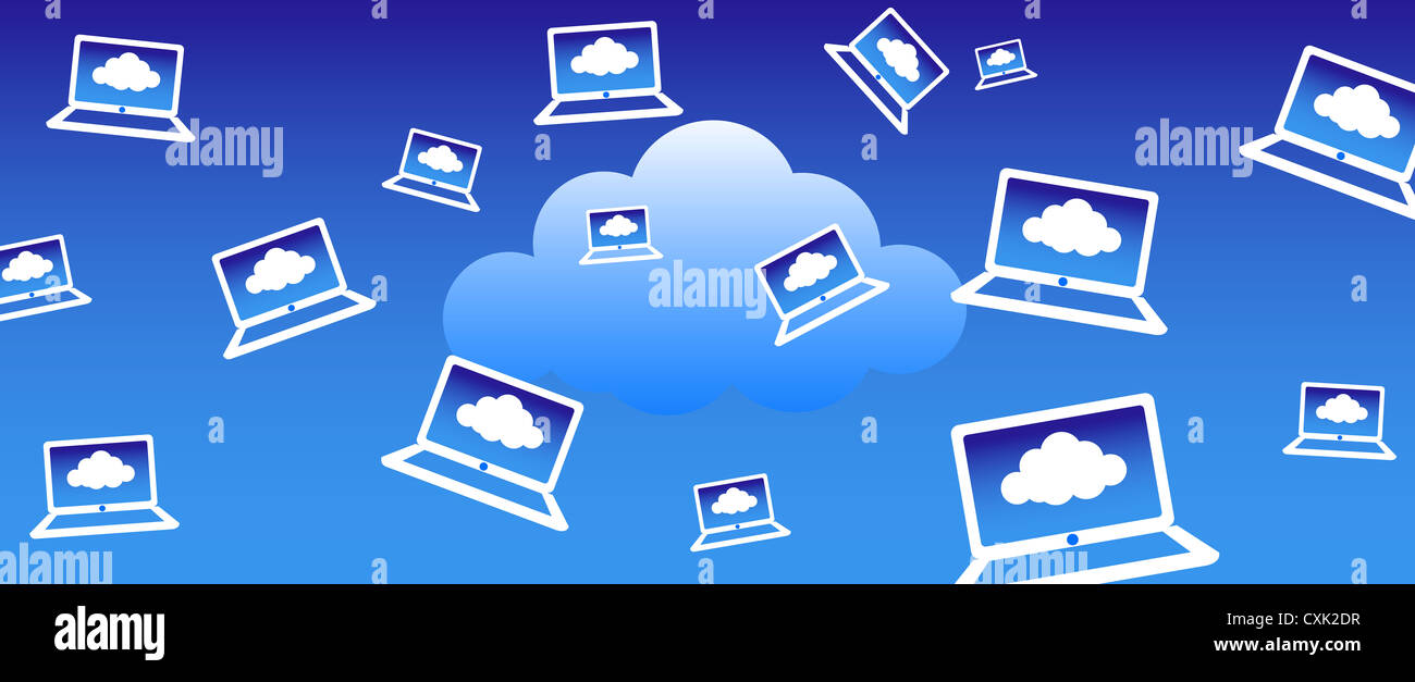 I computer client che comunica con il concetto di cloud computing Foto Stock