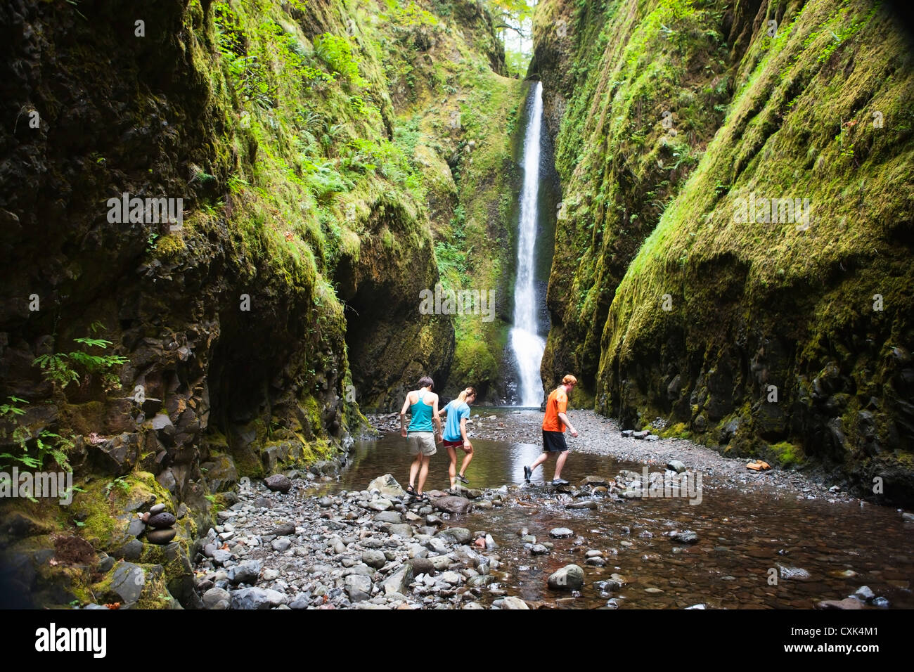 Persone escursionismo in Oneonta Gorge, Oregon, Stati Uniti d'America Foto Stock