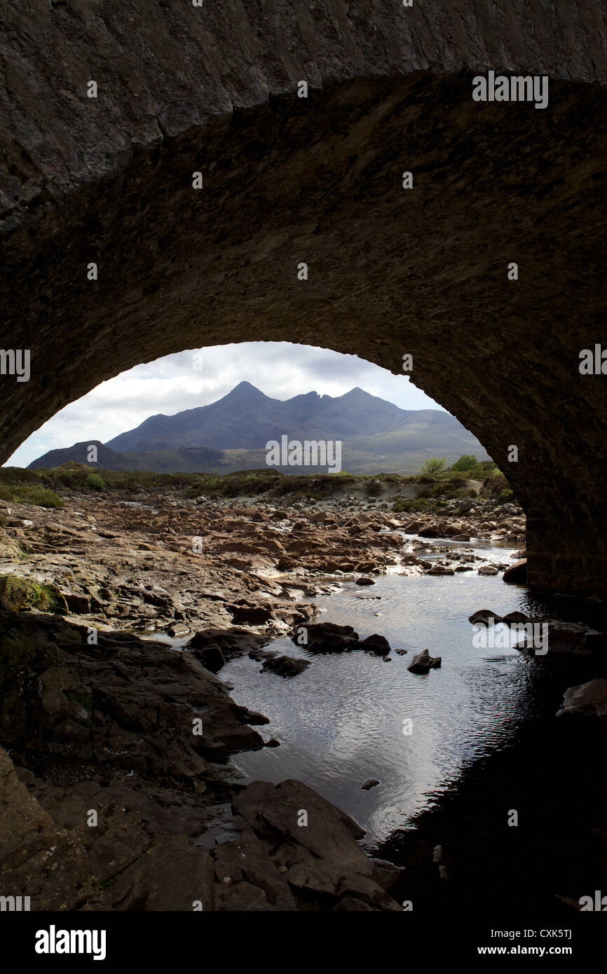 Vista attraverso il vecchio ponte di Sligachan verso il Black Cuillins, Isola di Skye. Foto Stock