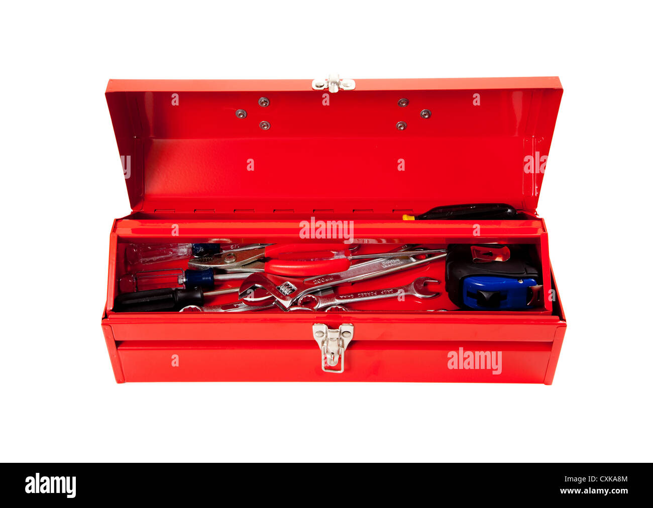 Rosso La casella degli strumenti di metallo con strumenti su sfondo bianco Foto Stock