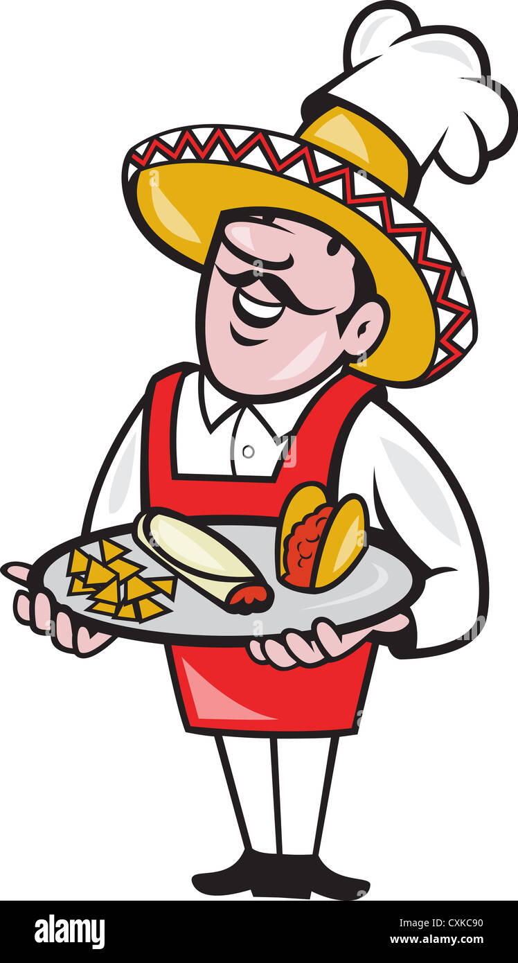 Illustrazione di un cartoon Mexican chef di cucina che indossa lo chef hat e sombrero piatto pieno di tacos burrito e corn chips Foto Stock