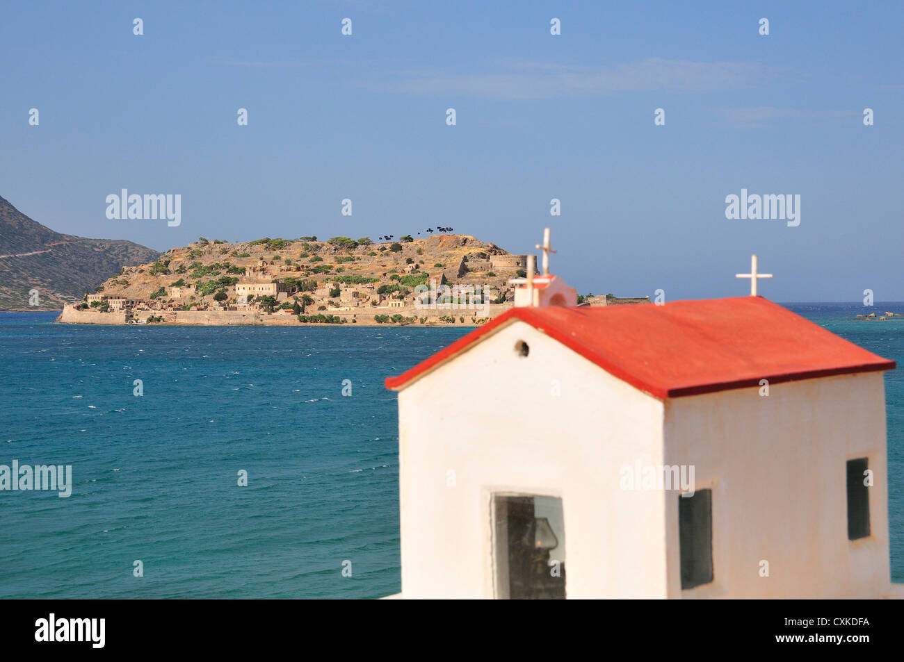 L'ex fortezza veneziana e il lebbrosario di Spinalonga o Kalydon, golfo di Elounda Lassithi, a nord-est di Creta, Grecia Foto Stock