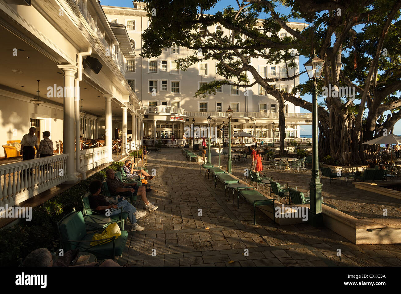 Elk284-1466 Hawaii, Oahu, Honolulu, Waikiki, Sheraton Moana Surfrider, banyan tree courtyard Foto Stock