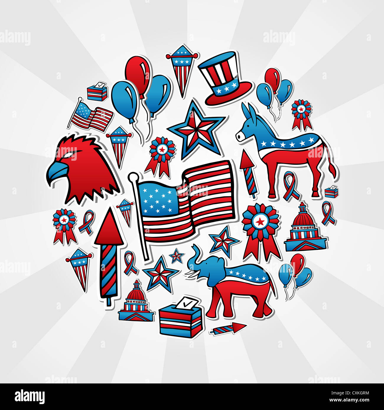 Stati Uniti elezioni mano bozzetto icon set in cerchio. File vettoriale stratificata per una facile manipolazione e colorazione personalizzata. Foto Stock