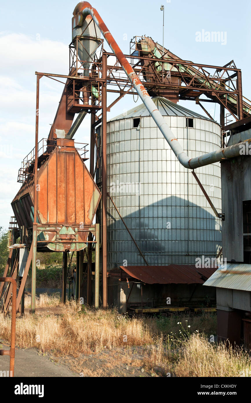 Chiudere la vista pittoresca arrugginimento silo tramoggia & tubazioni di abbandono dei trucioli di legno mulino nella città costiera di Raymond Washington Foto Stock