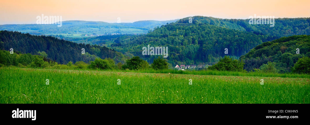 Paesaggio con boschi e collinette, presso il villaggio di anteriore Honzrath nel villaggio di distanza Dueppenweiler, Saarland / Germania Foto Stock