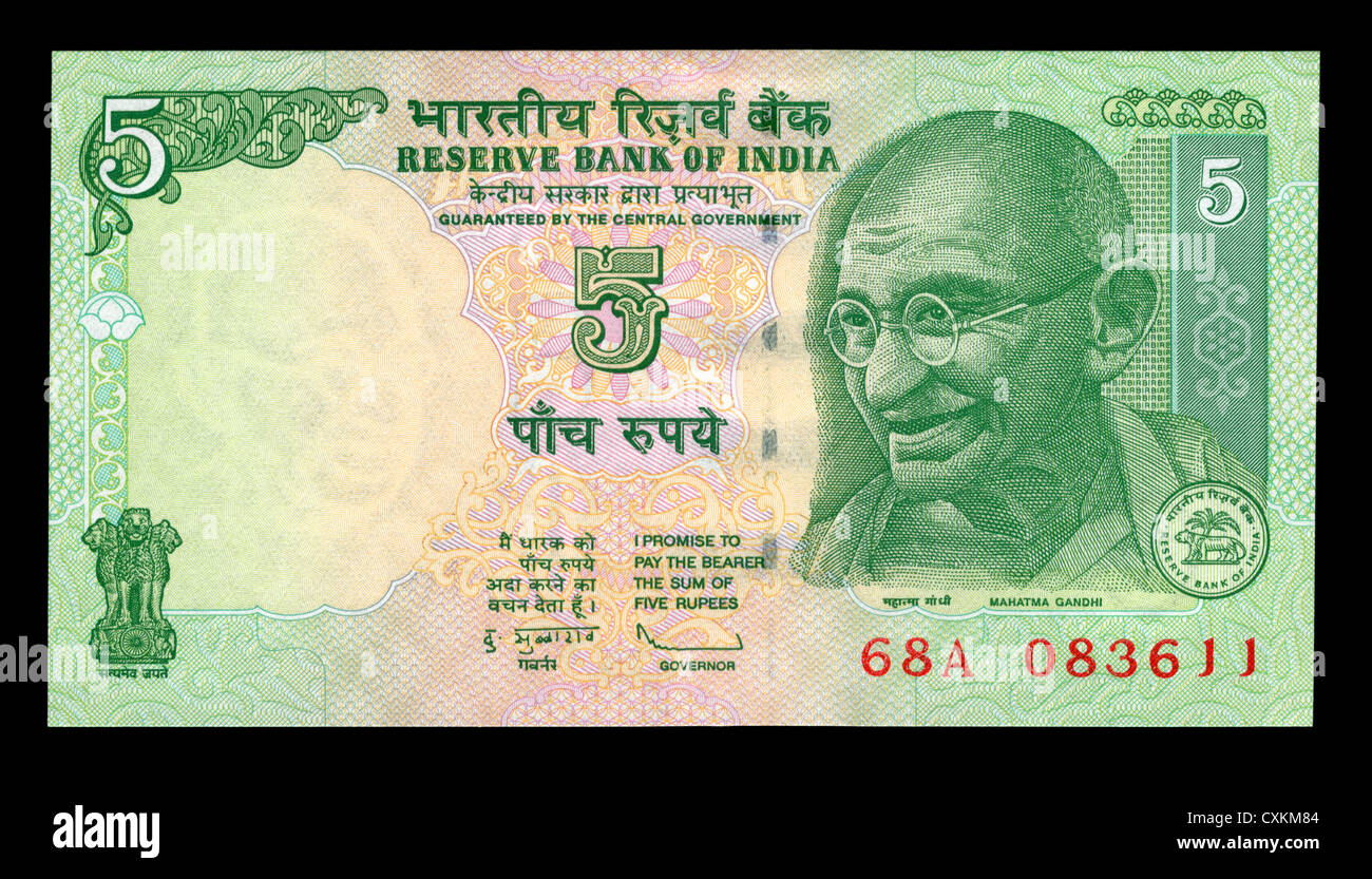 Indian banconota. 5 rupie, 2010. Ritratto del Mahatma Gandhi Foto Stock