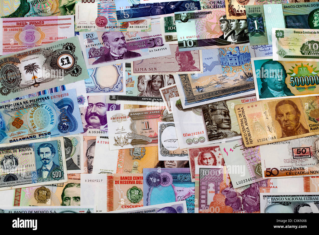 Storica banca internazionale note, historische, internationale Banknoten Foto Stock