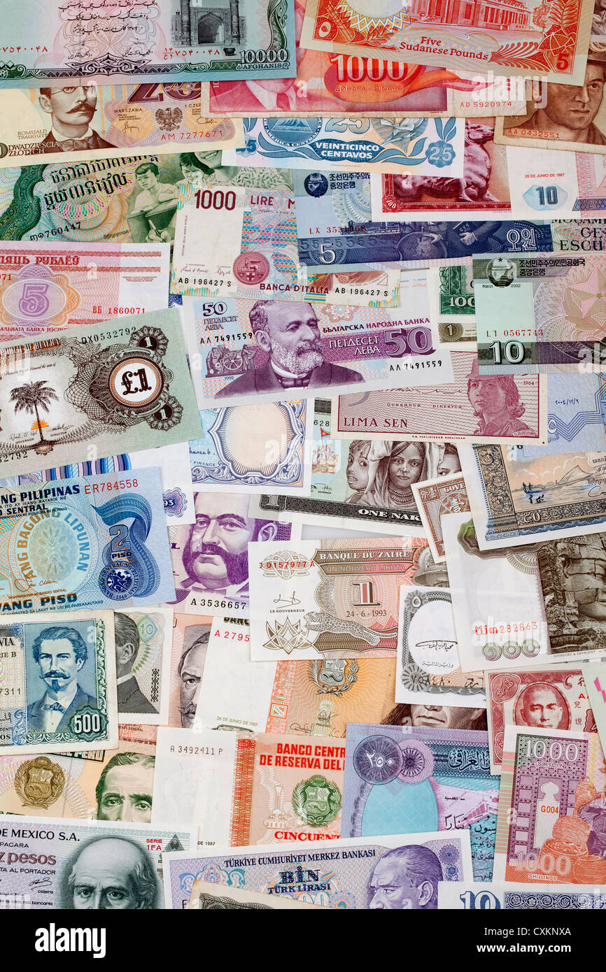 Storica banca internazionale note, historische, internationale Banknoten Foto Stock