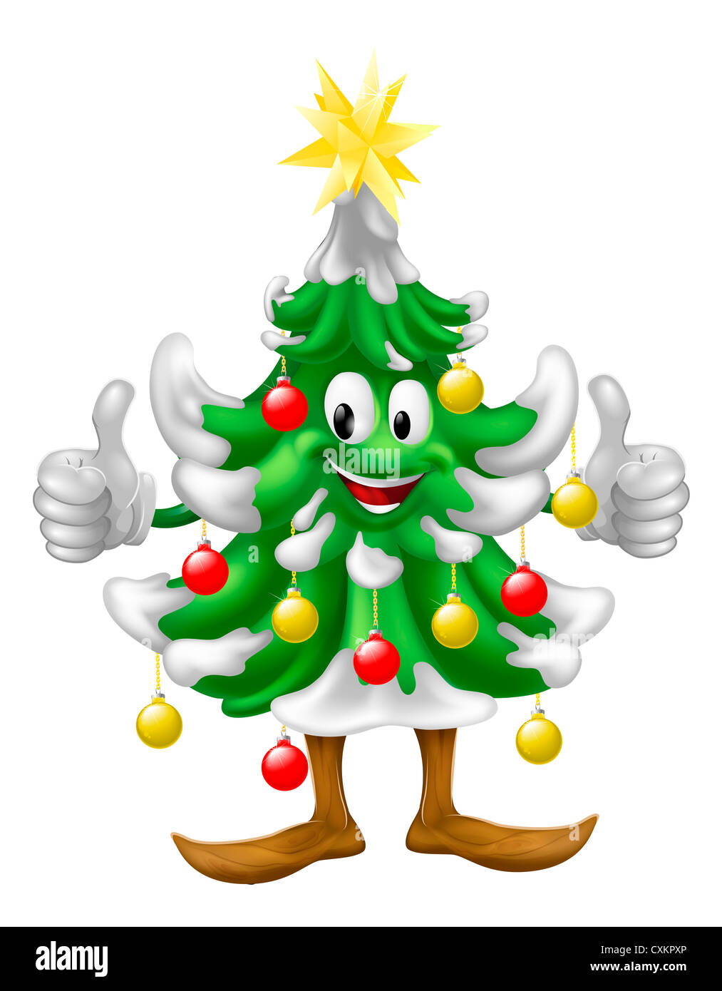 Illustrazione di un simpatico sorridenti albero di Natale mascotte facendo un pollice in alto Foto Stock