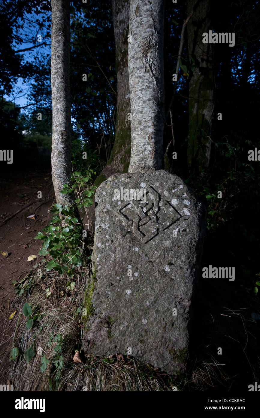 Bassorilievo con nodo celtico, una scultura contemporanea di Gilles Perez realizzati in pietra di Volvic. Foto Stock