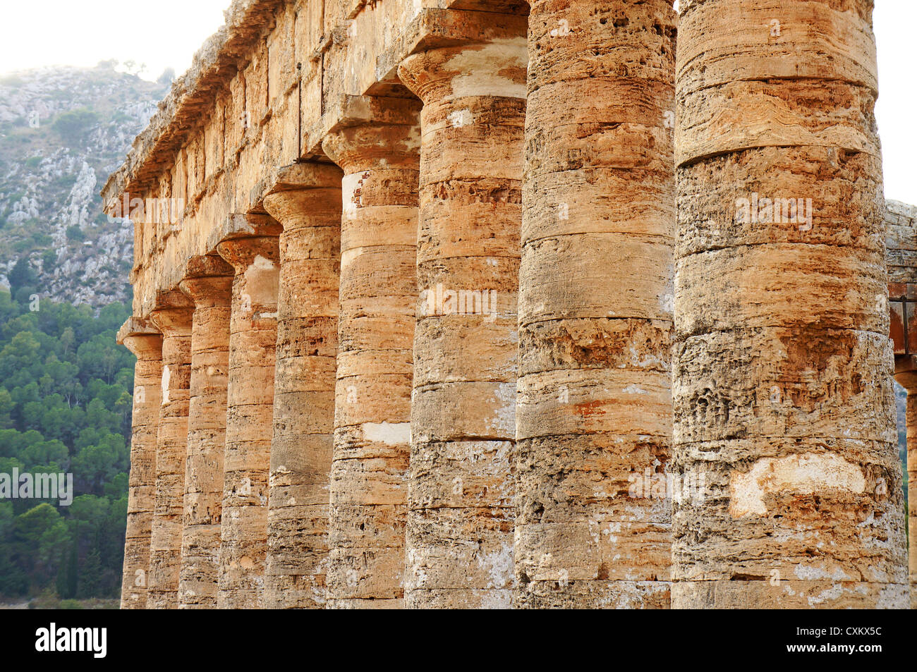 Vista panoramica del colonnato del tempio greco di Segesta in Sicilia Foto Stock